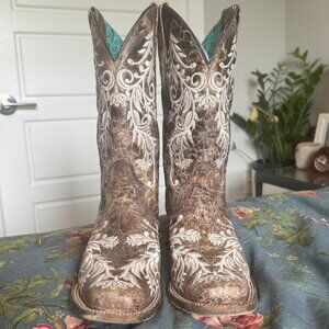 WOMENS GLOW IN THE DARK - FLORAL EMBROIDERY BROWN SQUARE-TOE COWBOY BOOTS 11M